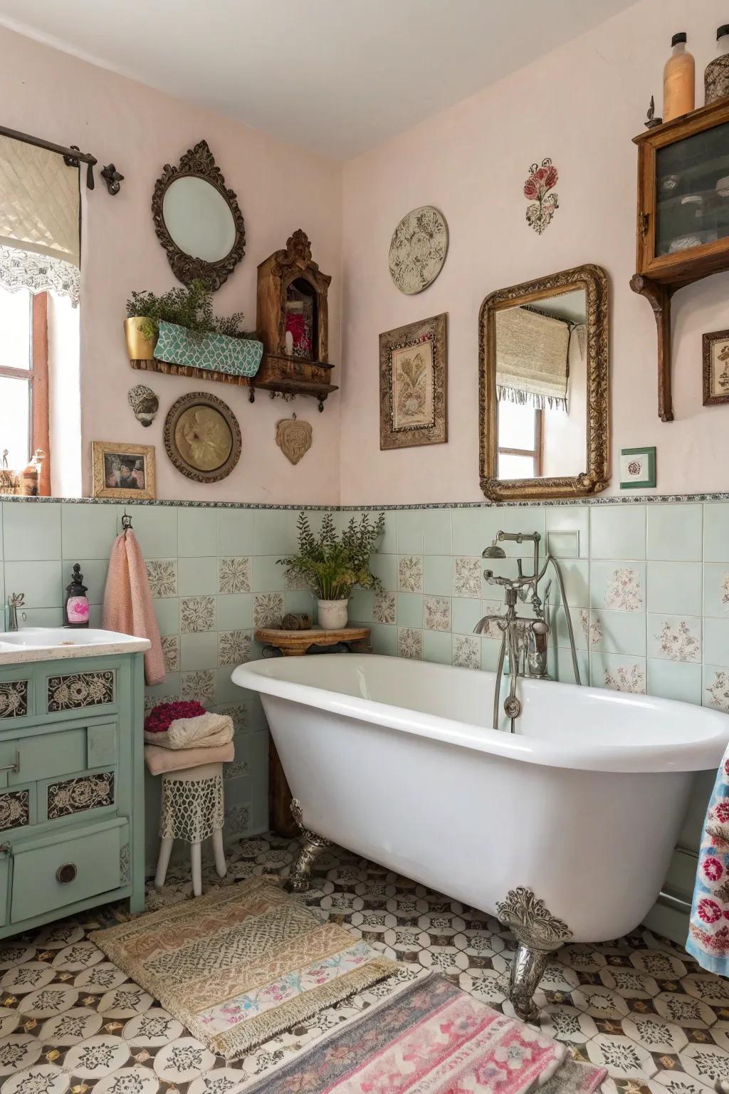 Eclectic accessories add a personal touch to vintage bathrooms.