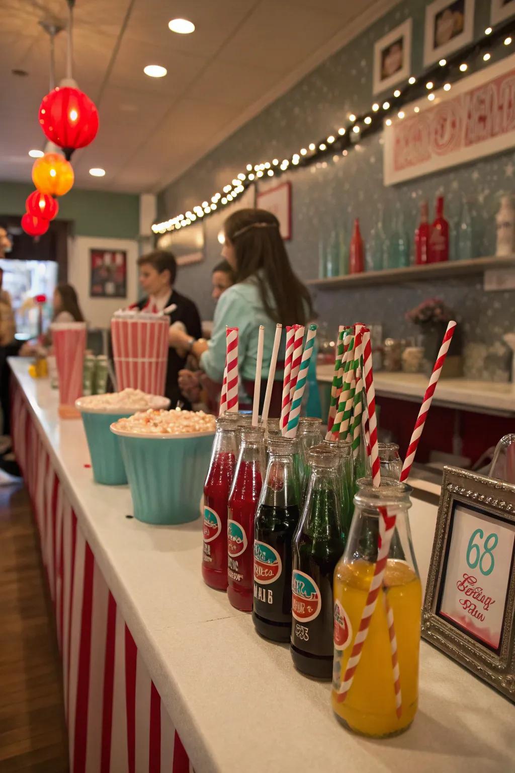 Guests enjoying an old-fashioned soda bar with vintage flair.