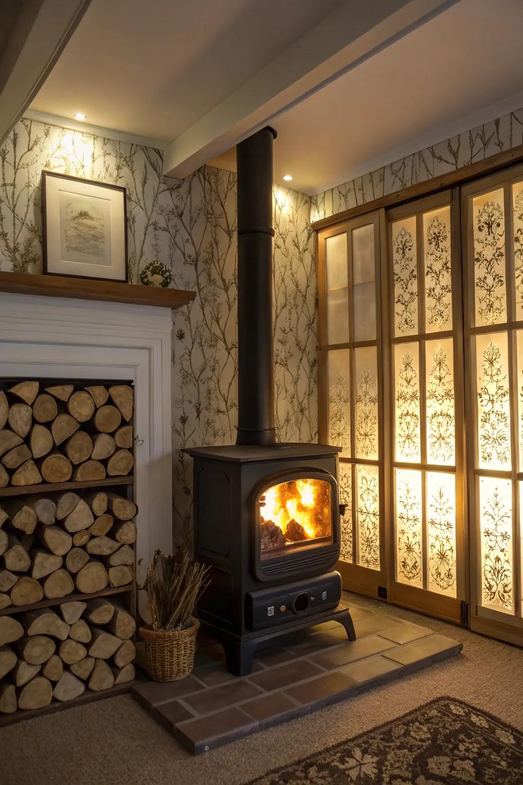 Backlit panels add depth and warmth to your wood stove area.