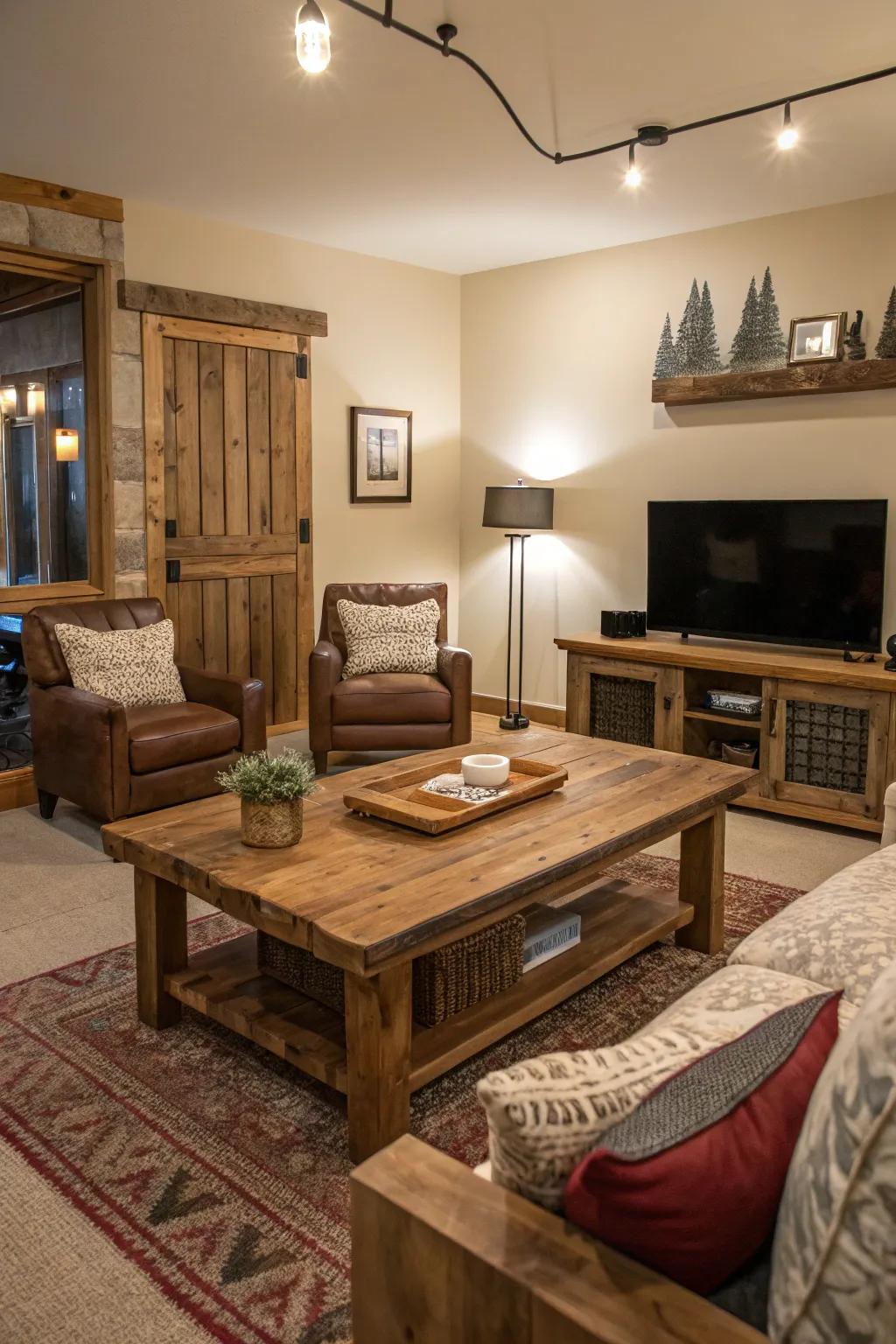 Rustic wood furniture adds character and warmth.