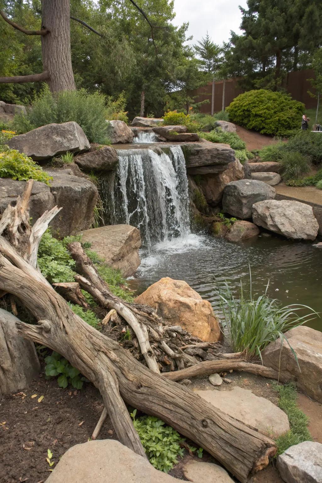 Using driftwood adds an artistic touch to your waterfall.