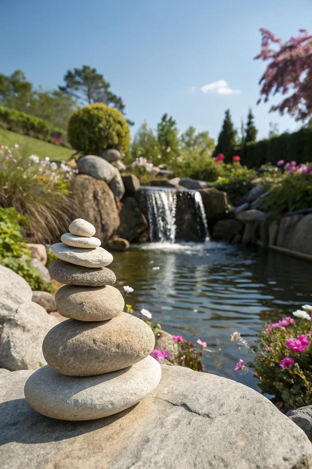 A Zen-inspired garden waterfall with carefully stacked stones.