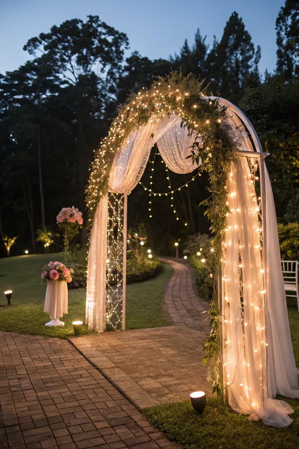 A magical arch with twinkle lights, perfect for evening ceremonies.
