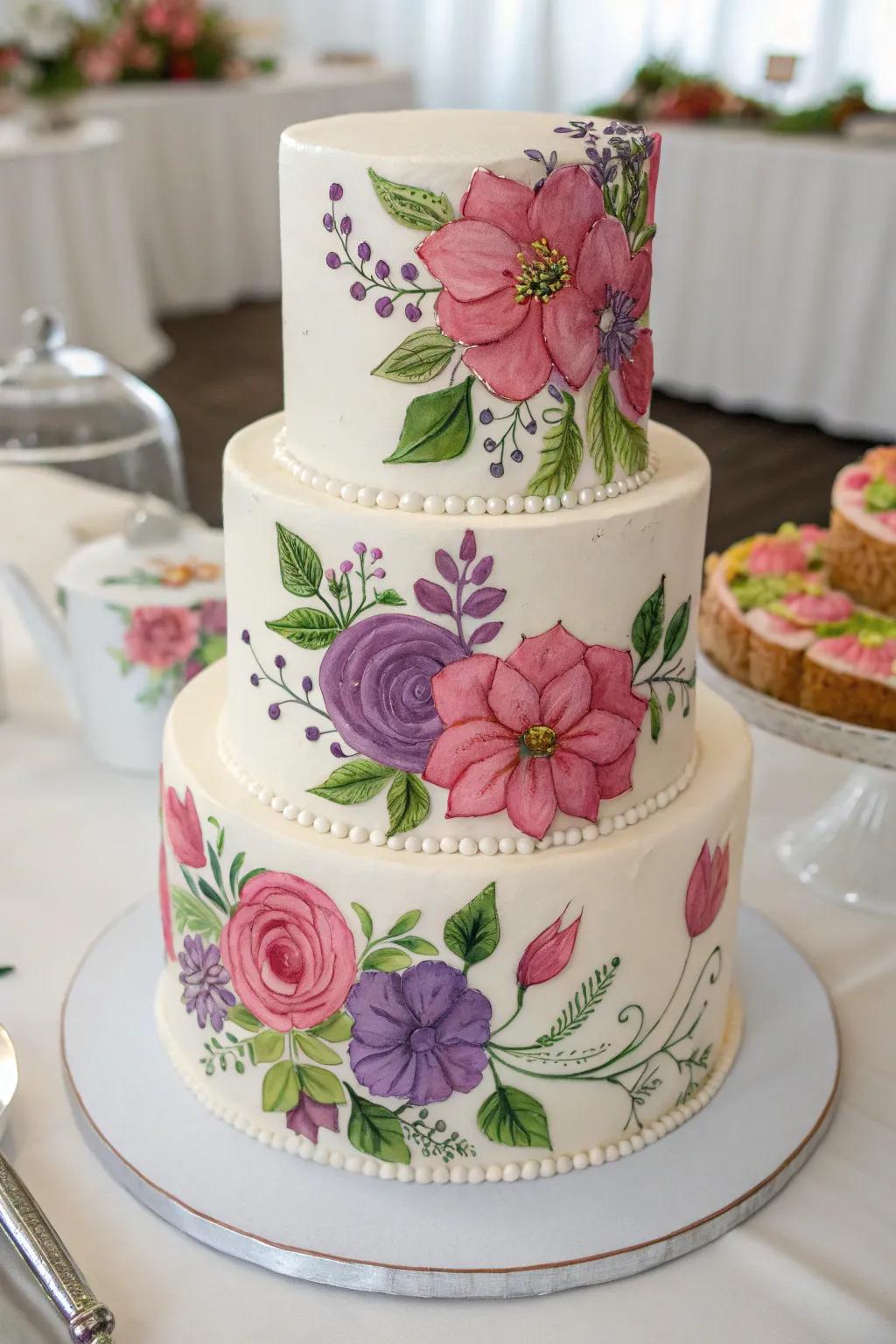 A wedding cake with hand-painted floral designs for an artistic flair.