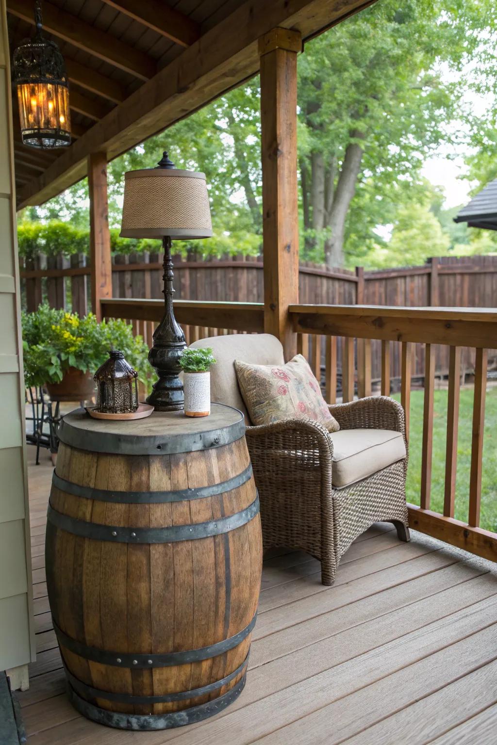 Whiskey barrels make perfect rustic side tables.