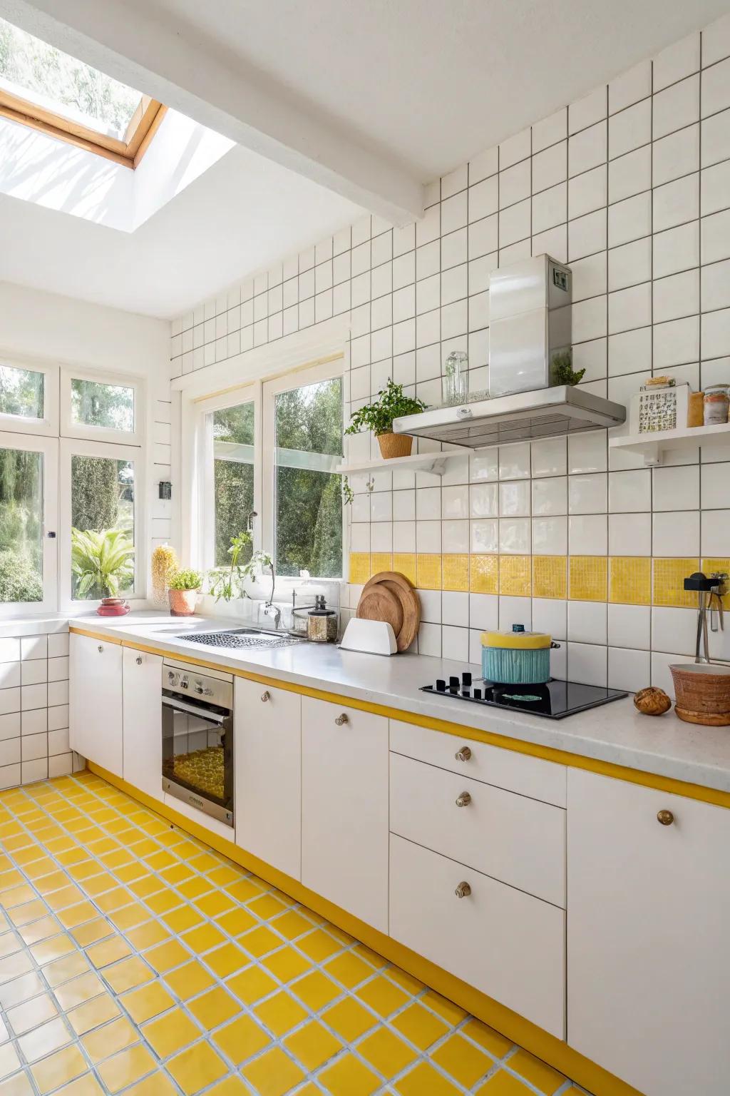 Yellow grout adds a cheerful and sunny touch to white tiles.