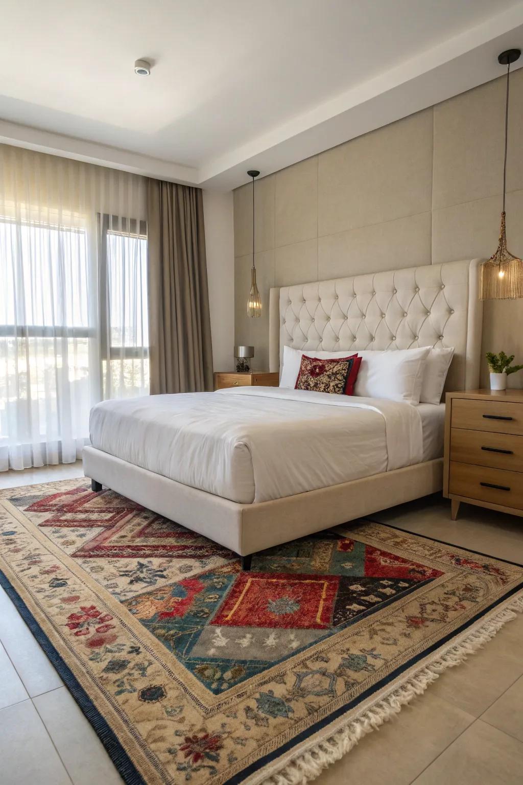 The floating rug technique creates a modern and sophisticated bedroom ambiance.