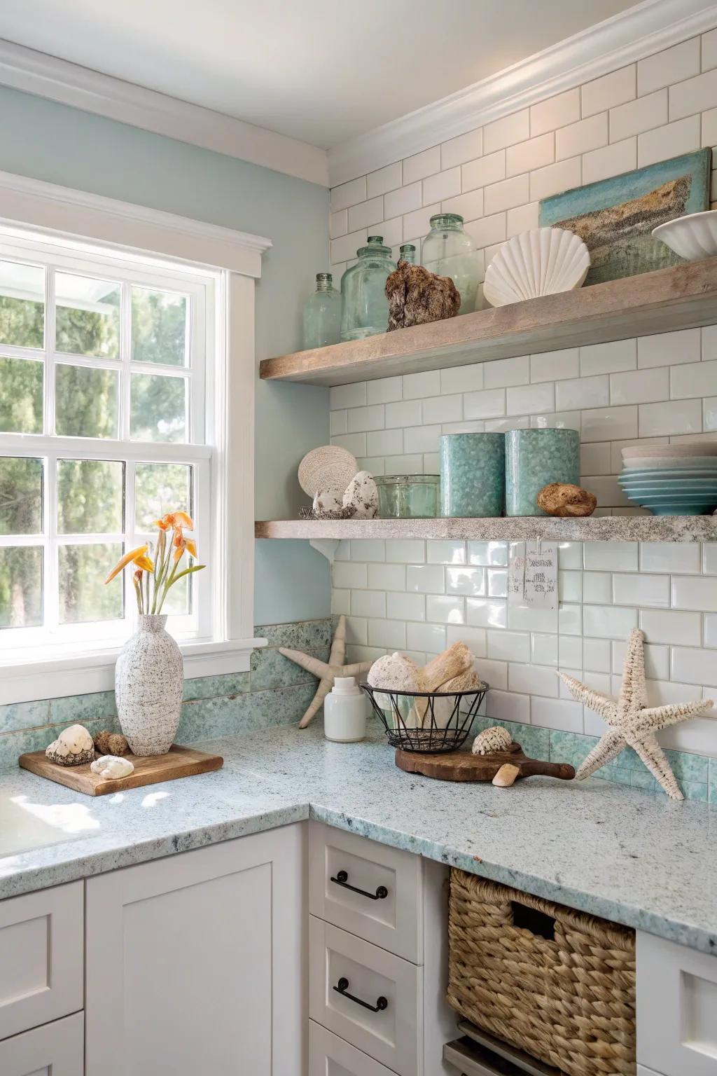 Blue accents paired with white ice granite evoke a calming coastal vibe.