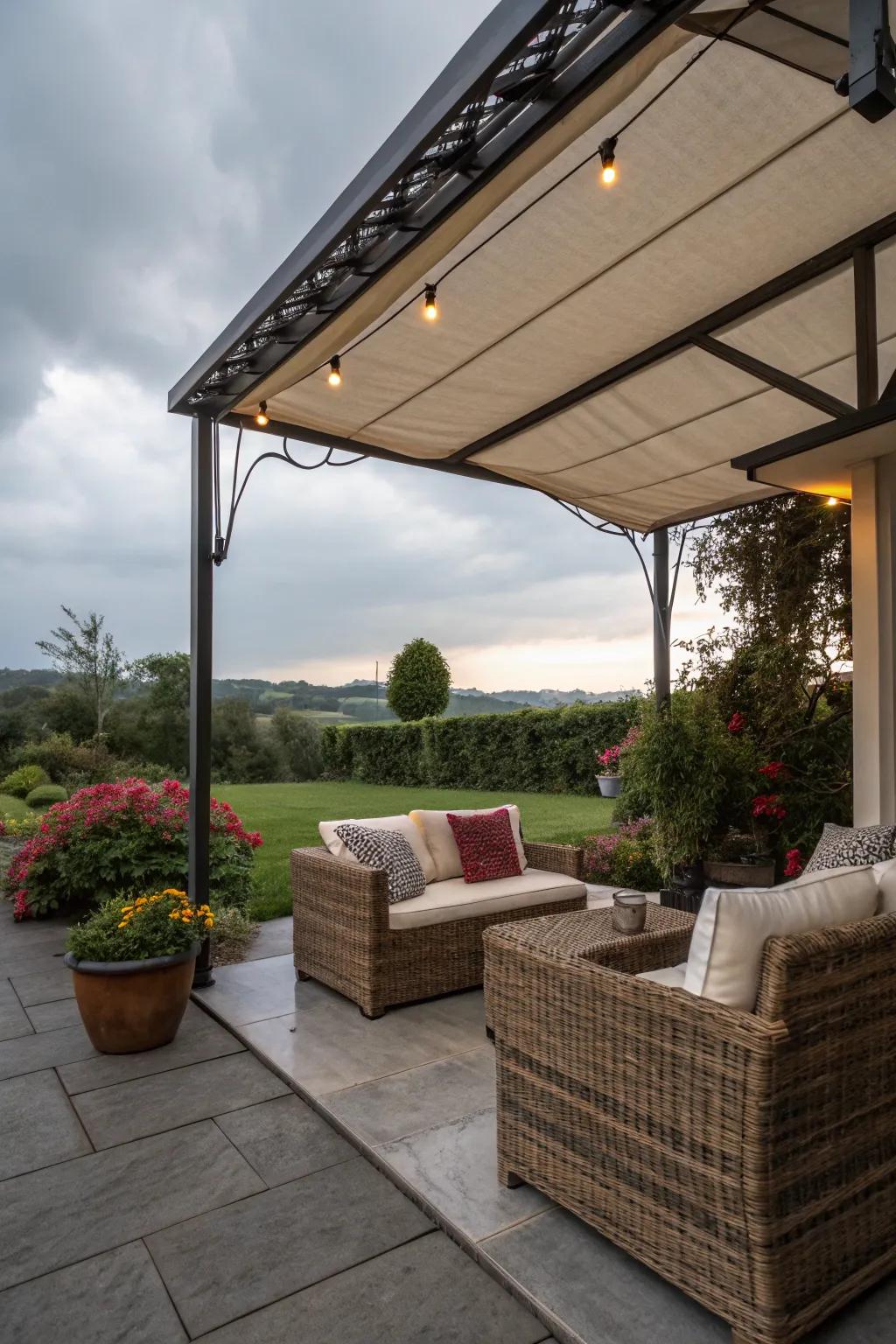 Versatile patio design with covered and open spaces.