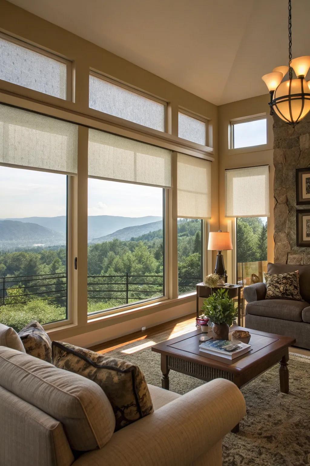 Solar shades protect from UV rays while preserving views.