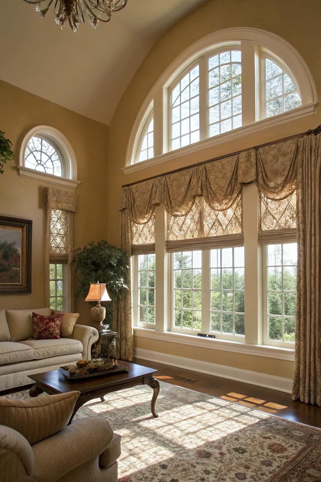 Arched treatments highlight the unique shape of casement windows.