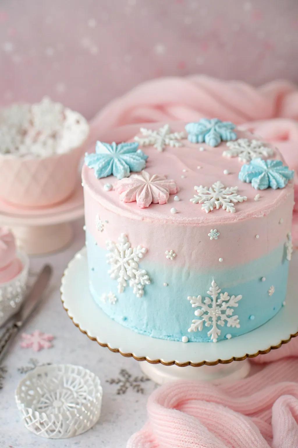 A pastel winter dream with soft hues and delicate snowflakes.