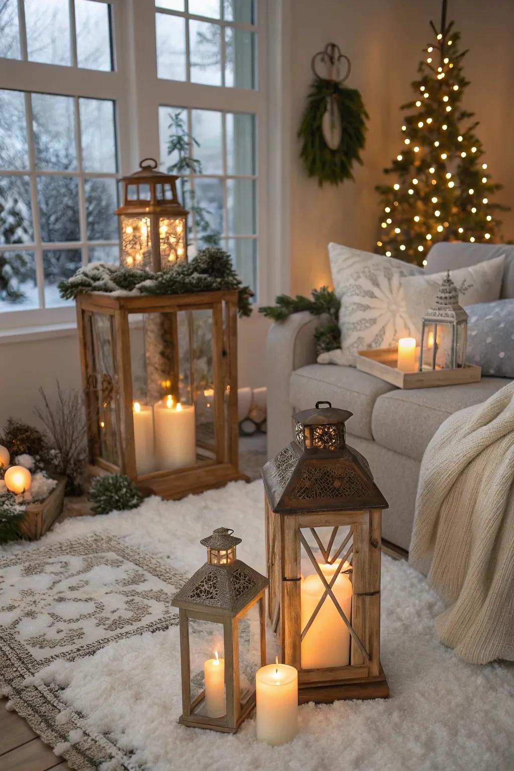 Rustic lanterns add warmth and charm.