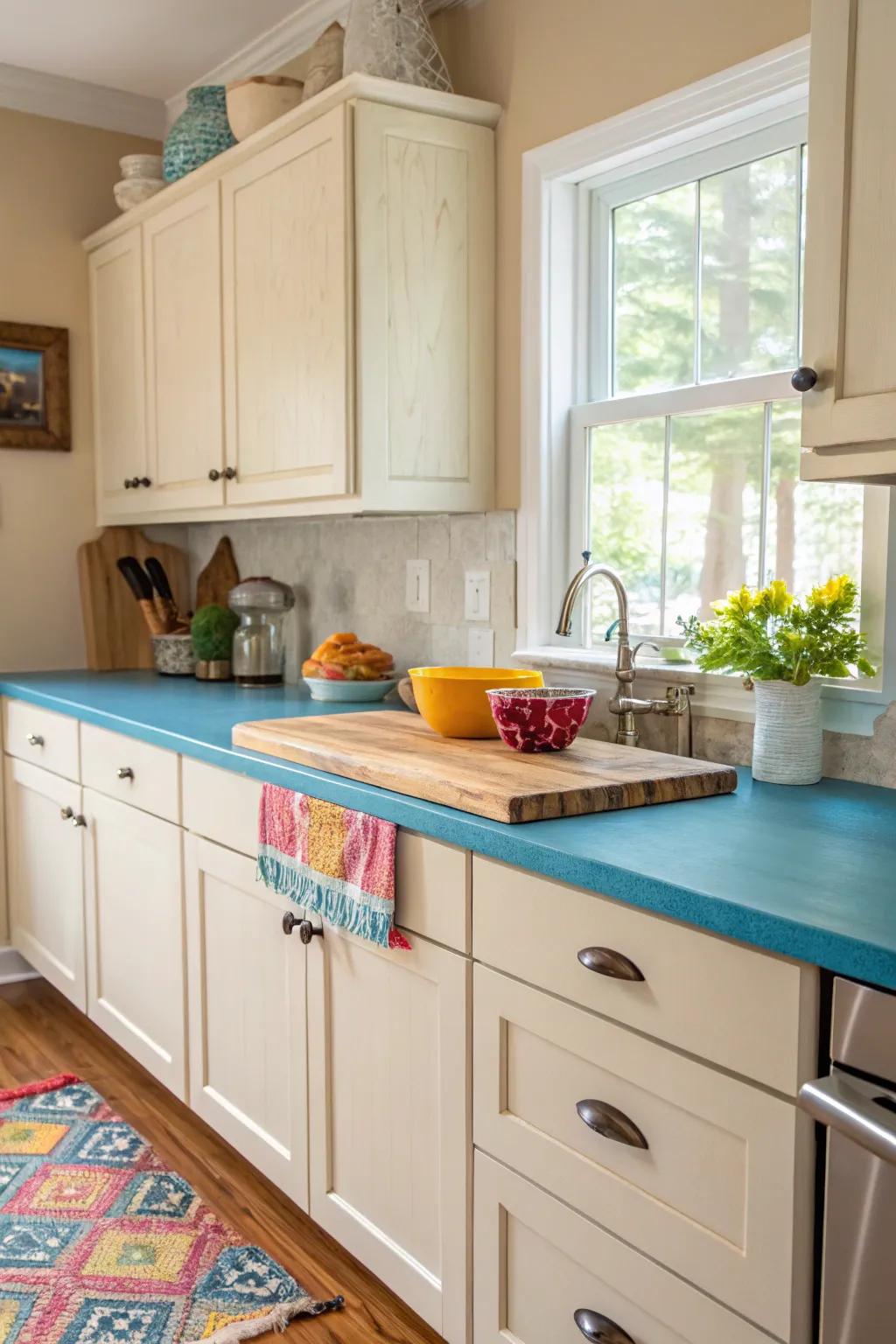 A bold color pop on wood countertops for a vibrant kitchen style.