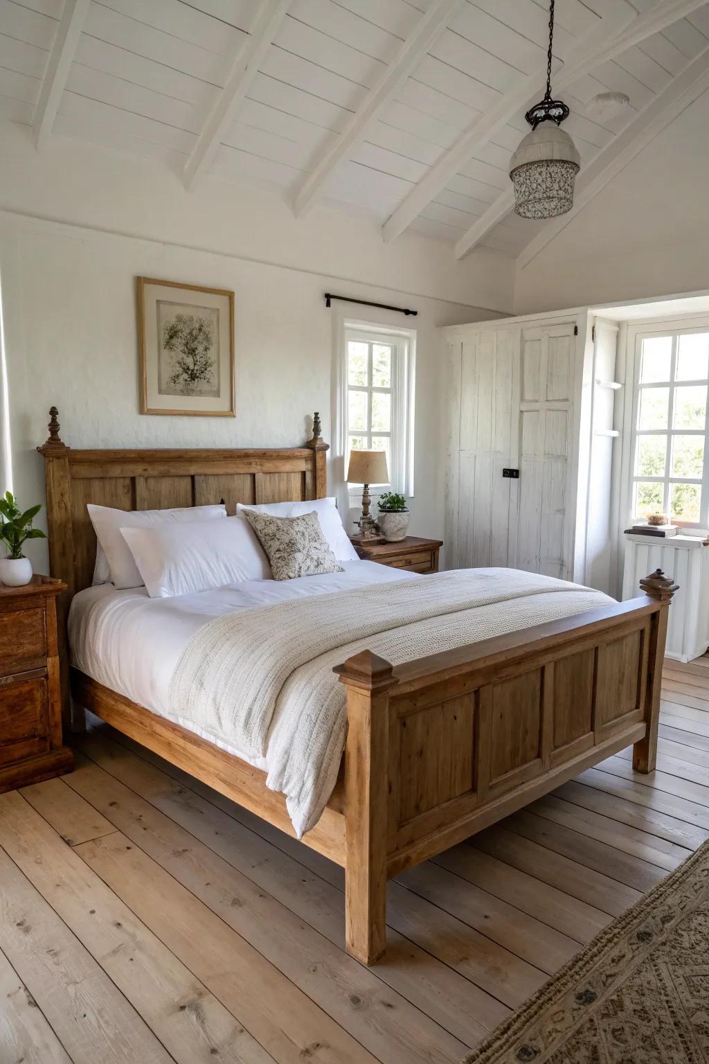 Simple bedding elevates this wooden bed's elegance.