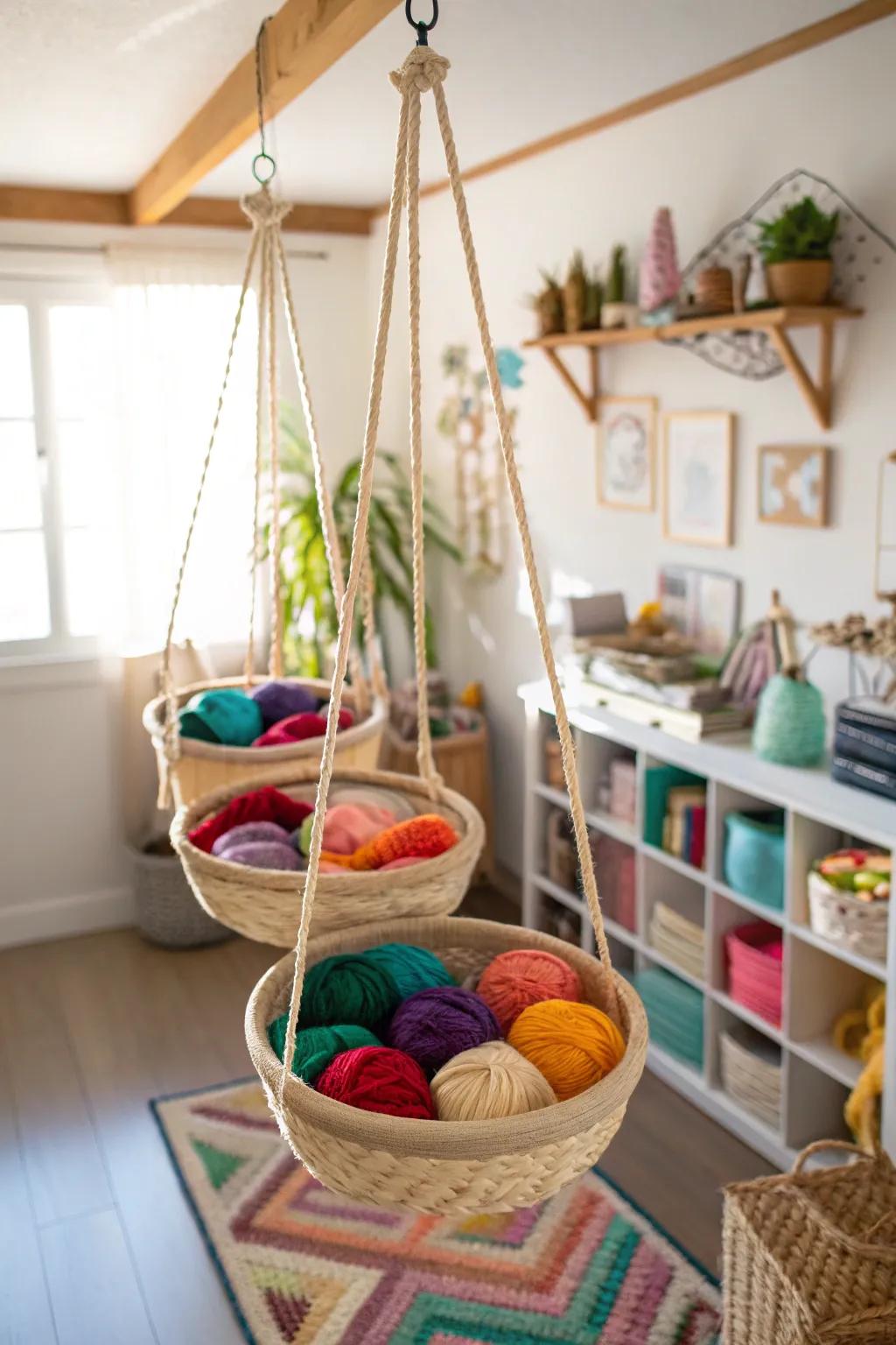 Hanging baskets utilize vertical space for accessible yarn storage.