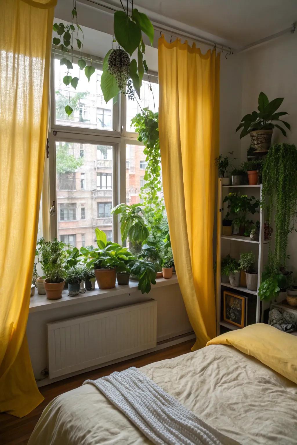 Yellow curtains and lush plants transform the bedroom into an urban jungle.