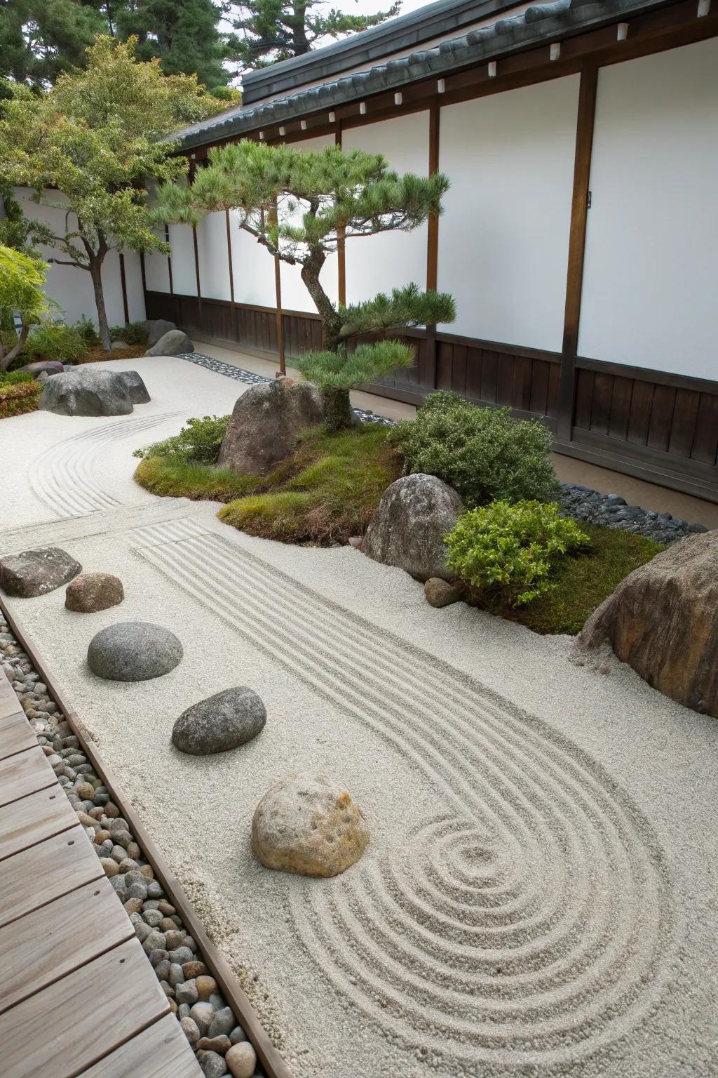 A mini zen garden adds a tactile and calming element.